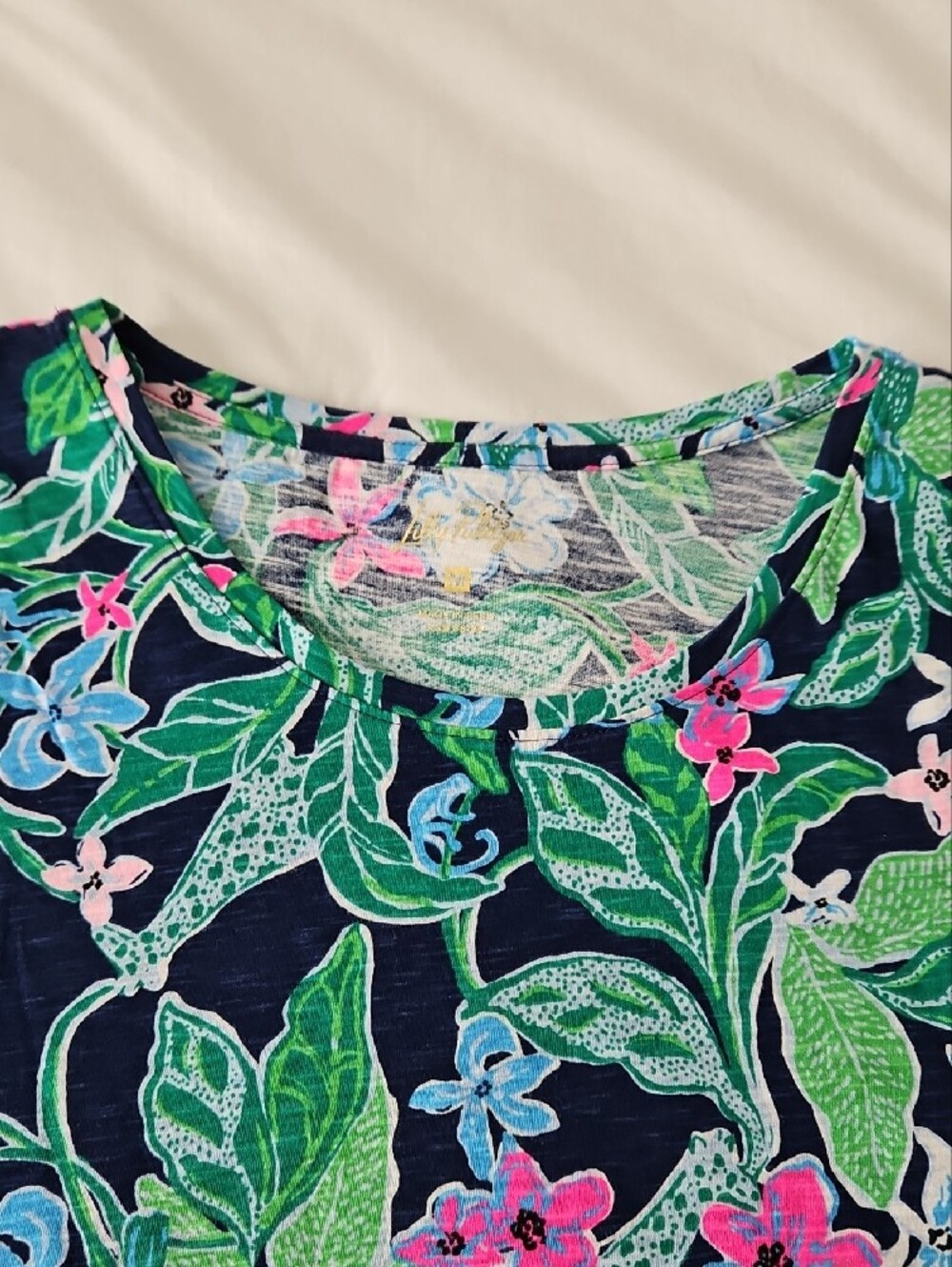 Floral Short-Sleeve Scoop Neck Top - Navy with Green & Pink By Lilly Pulitzer - Picture 6 of 9